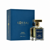 Korbaj Emir Extrait de Parfum 100ml perfume bottle with navy blue box on white background