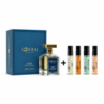 Korbaj Emir Extrait de Parfum 100ml perfume with four-piece discovery set on white background