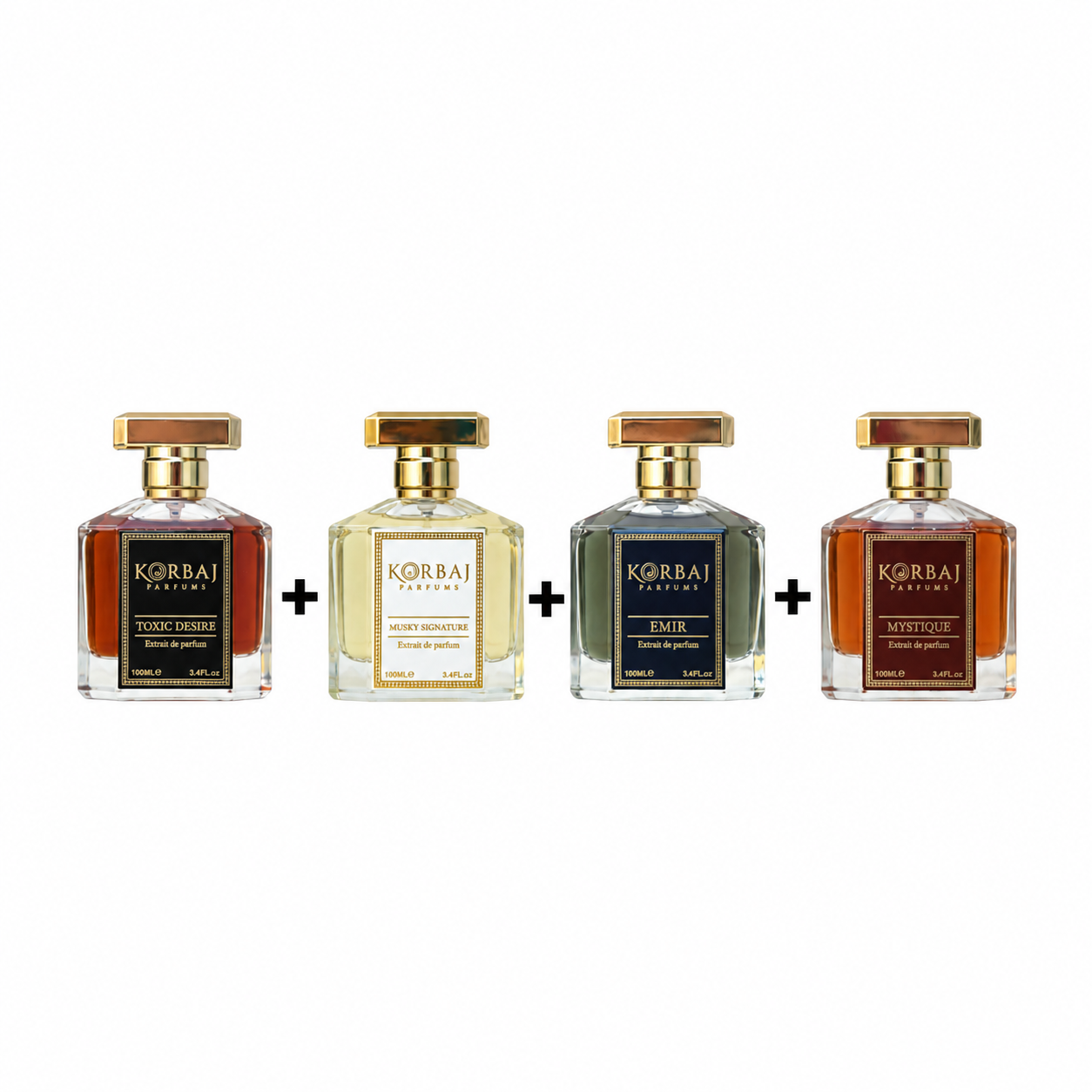 Korbaj Extrait de Parfum 100ml bundle featuring Toxic Desire, Musky Signature, Emir and Mystique perfume bottles.