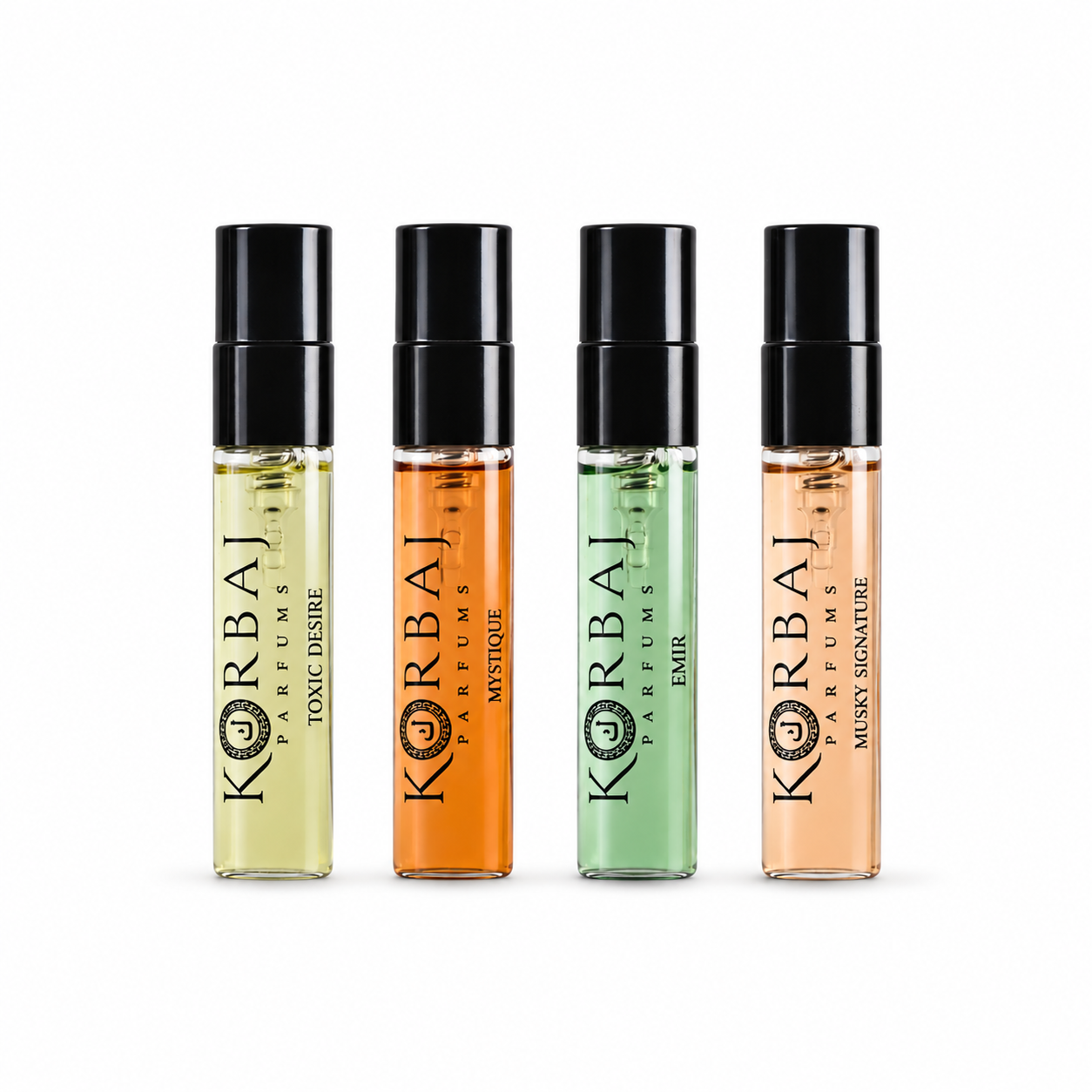 Korbaj 5ml perfume discovery set featuring Toxic Desire, Mystique, Emir and Musky Signature samples.