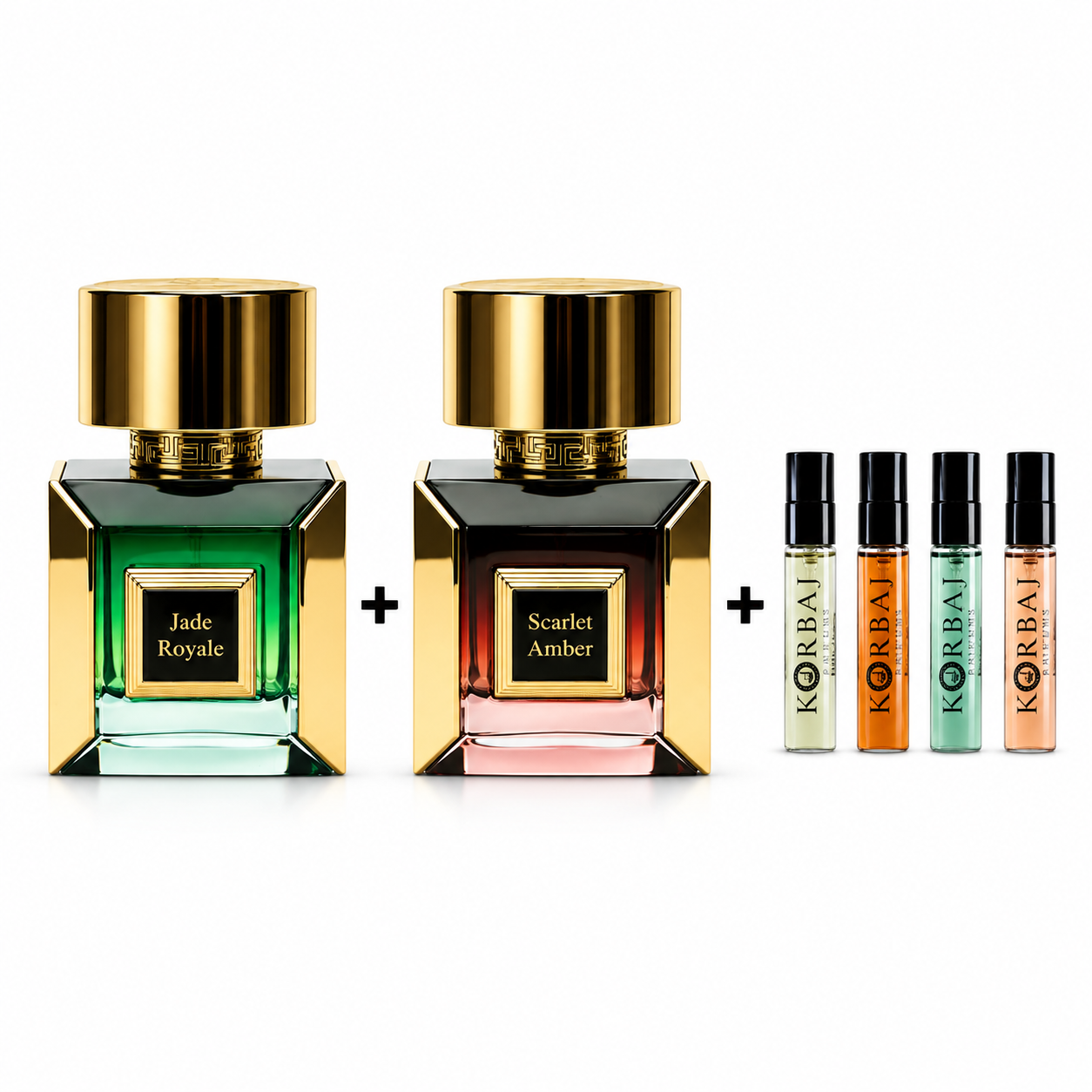 Korbaj Jade Royale and Scarlet Amber perfume duo with 4-piece Korbaj fragrance discovery set.