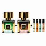 Korbaj Jade Royale and Scarlet Amber perfume duo with 4-piece Korbaj fragrance discovery set.
