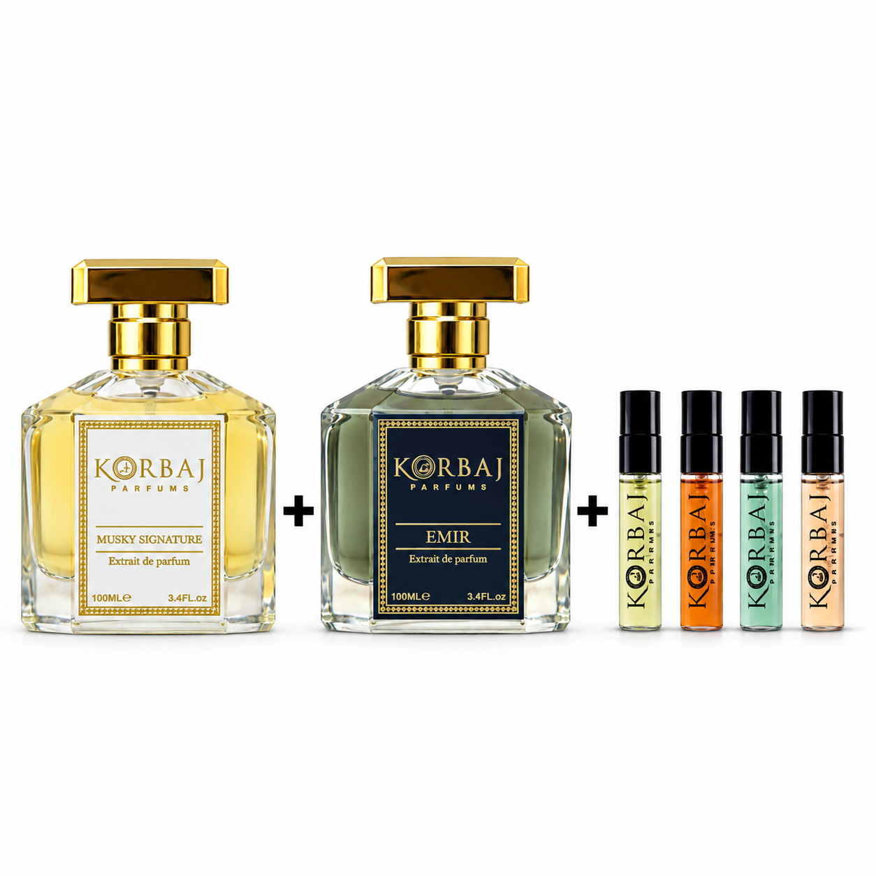 Korbaj Musky Signature and Emir Extrait de Parfum 100ml duo with 4-piece perfume discovery set.