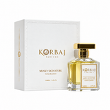 Korbaj Musky Signature Extrait de Parfum 100ml perfume bottle with white box on white background