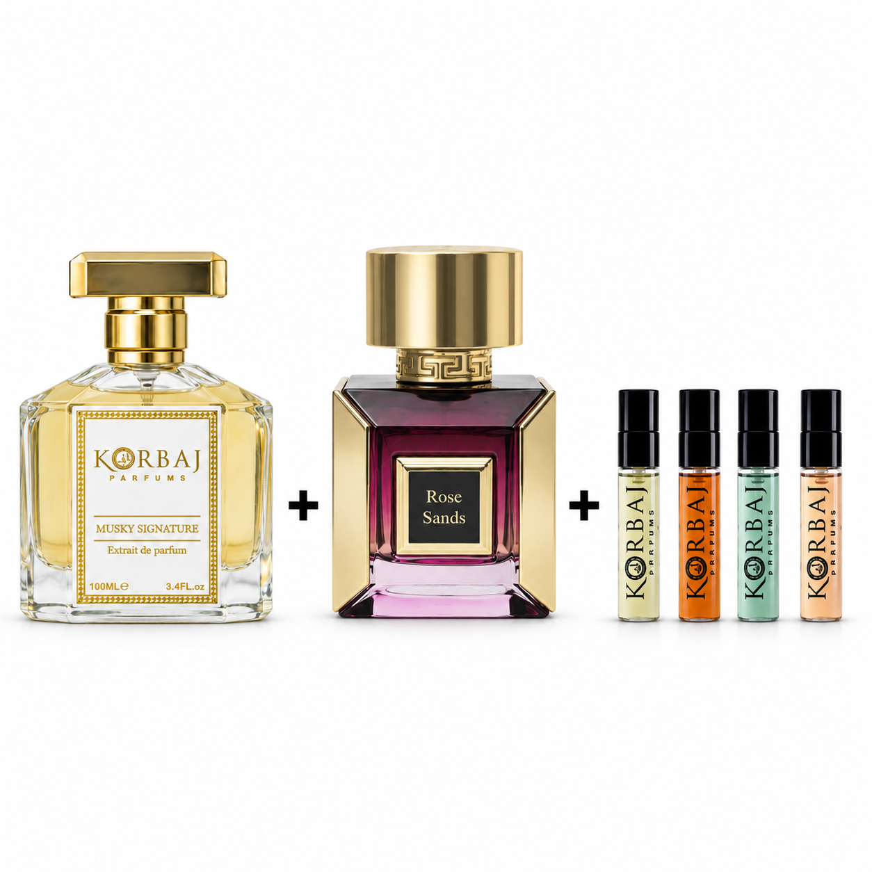 Korbaj Musky Signature and Rose Sands perfume duo with 4-piece Korbaj fragrance discovery set.