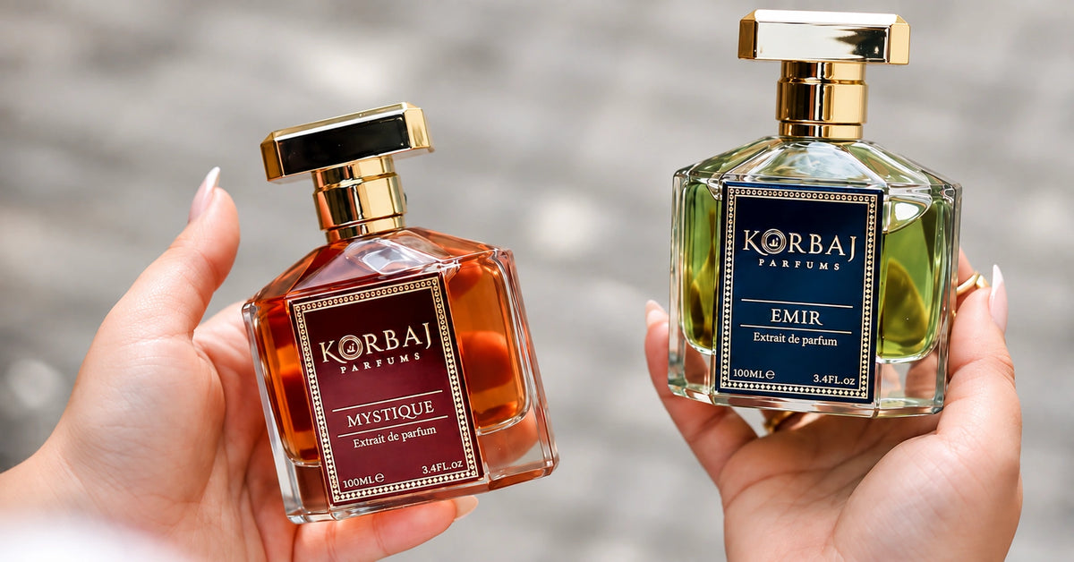  Korbaj Mystique and Emir Extrait de Parfum 100ml luxury fragrance bottles.