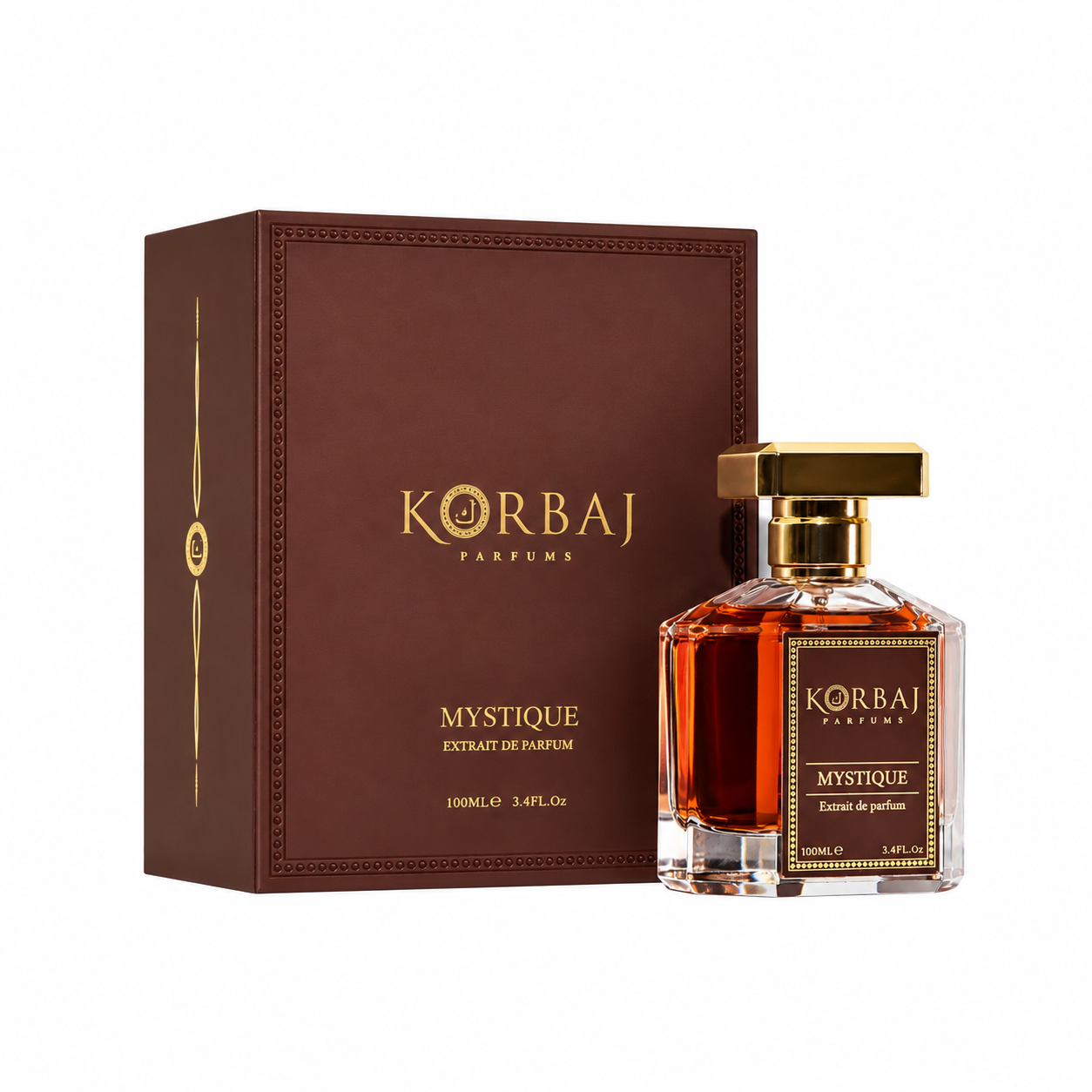 Korbaj Mystique Extrait de Parfum 100ml perfume bottle with brown box on white background