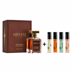 Korbaj Mystique Extrait de Parfum 100ml perfume with four-piece discovery set on white background