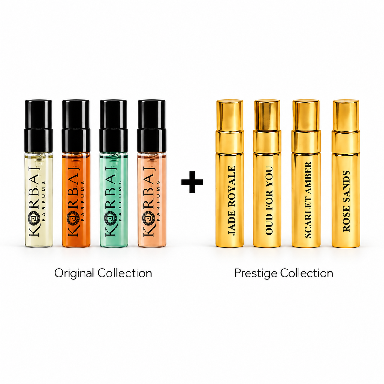 Korbaj Parfum 8-piece sample set featuring four Original Collection and four Prestige Collection Extrait de Parfum samples.
