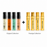 Korbaj Parfum 8-piece sample set featuring four Original Collection and four Prestige Collection Extrait de Parfum samples.