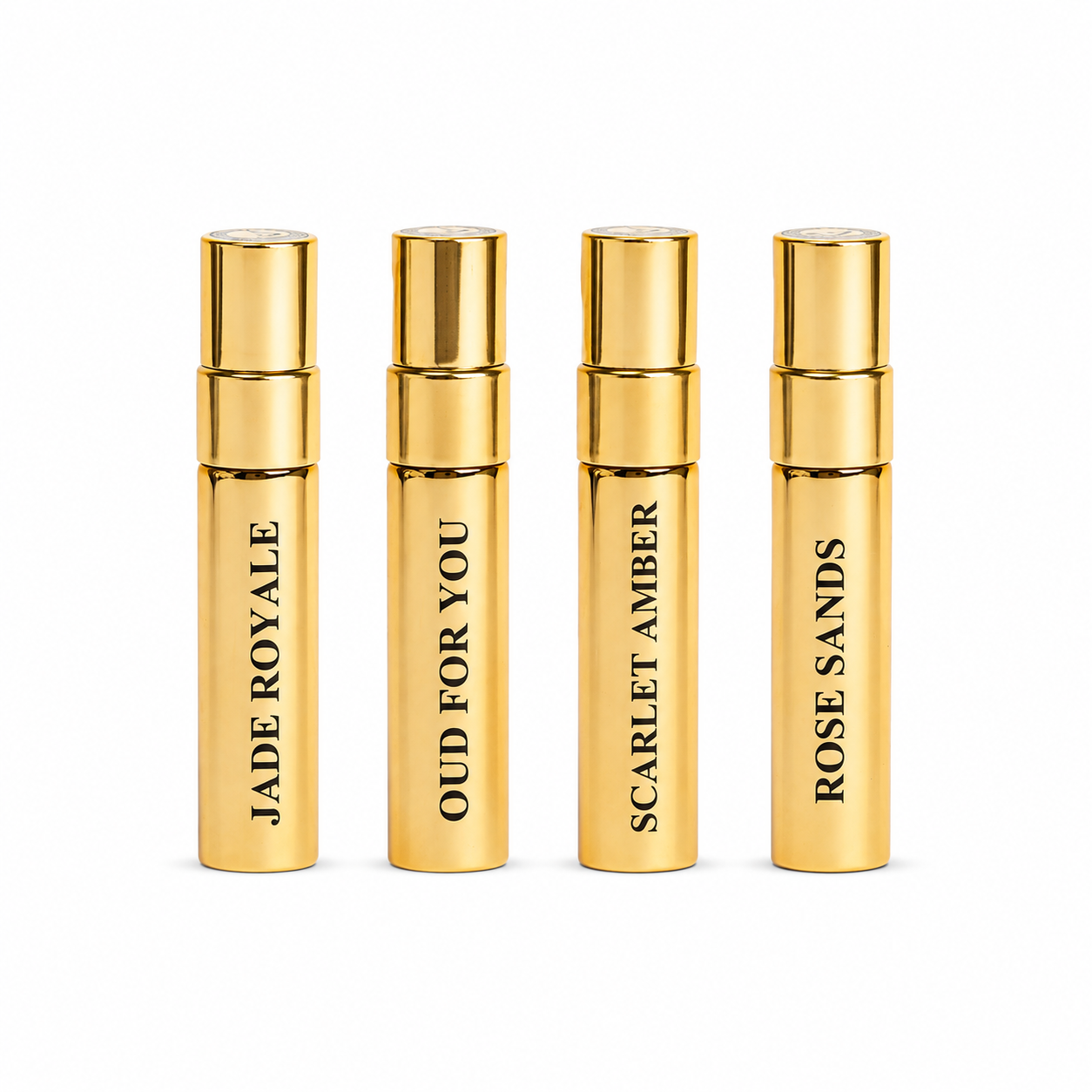 Korbaj Parfum Prestige Collection perfume samples featuring Jade Royale, Oud For You, Scarlet Amber and Rose Sands