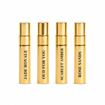 Korbaj Parfum Prestige Collection perfume samples featuring Jade Royale, Oud For You, Scarlet Amber and Rose Sands