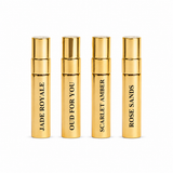 Korbaj Parfum Prestige Collection perfume samples featuring Jade Royale, Oud For You, Scarlet Amber and Rose Sands