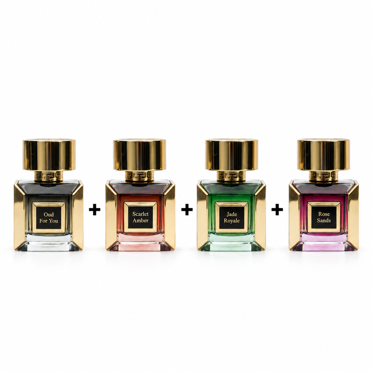 Korbaj Parfum Prestige Collection featuring Oud For You, Scarlet Amber, Jade Royale and Rose Sands Extrait de Parfum 100ml bottles