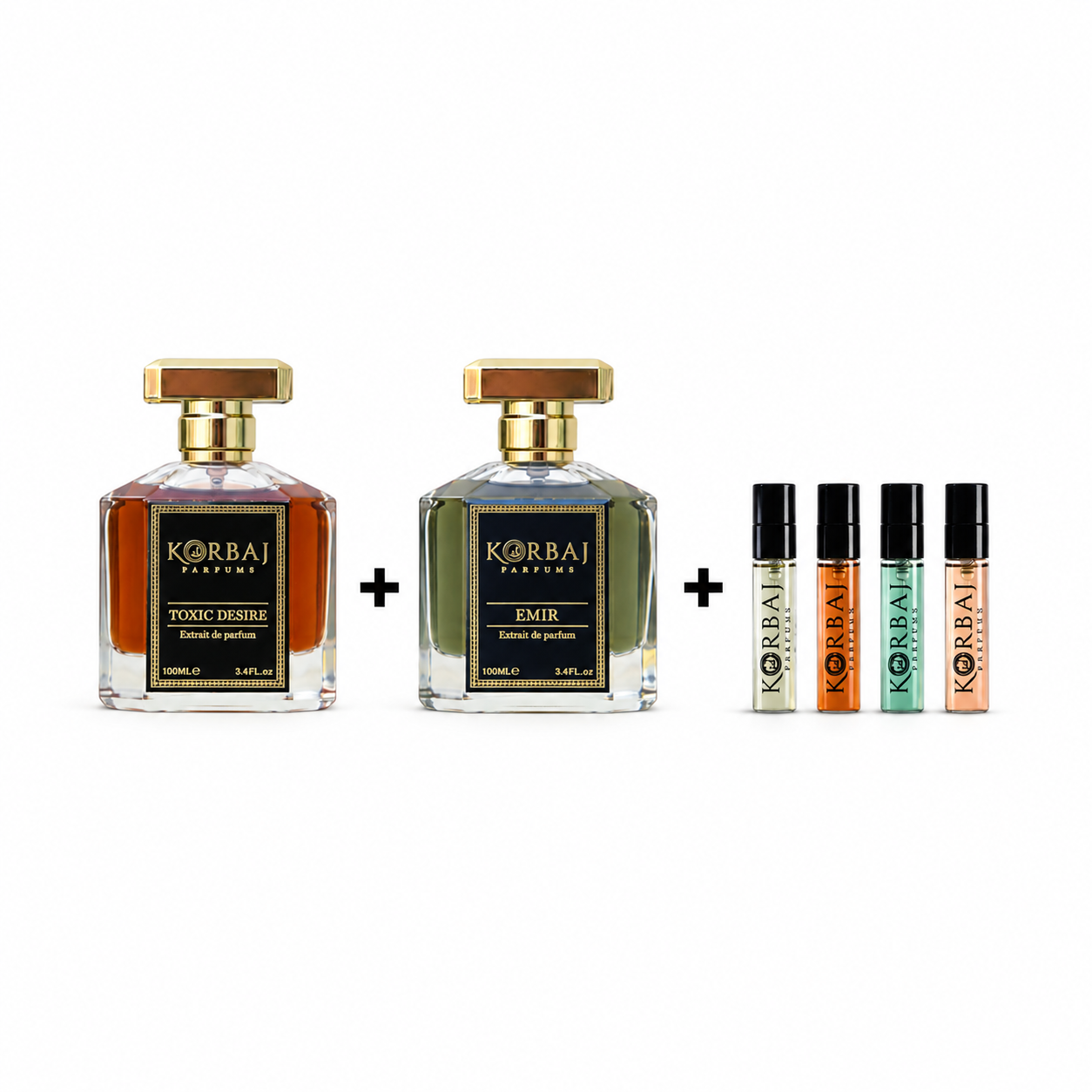 Korbaj Parfum bundle featuring Toxic Desire and Emir Extrait de Parfum 100ml bottles with four Original Collection perfume samples.