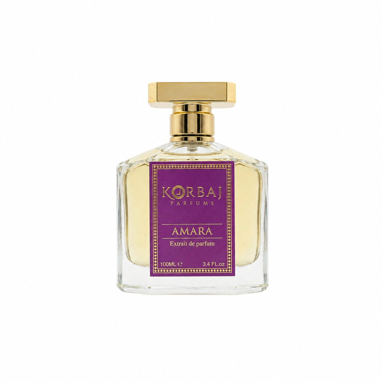 Korbaj Parfums Amara Extrait de Parfum 100ml perfume bottle with gold cap and purple label on white background