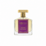 Korbaj Parfums Amara Extrait de Parfum 100ml perfume bottle with gold cap and purple label on white background
