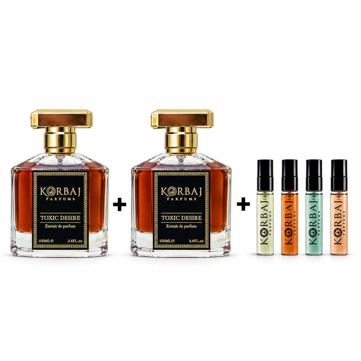 Two Korbaj Toxic Desire Extrait de Parfum 100ml bottles with a 4-piece Korbaj perfume discovery set.