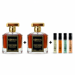 Two Korbaj Toxic Desire Extrait de Parfum 100ml bottles with a 4-piece Korbaj perfume discovery set.