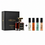 Korbaj Toxic Desire Extrait de Parfum 100ml perfume with four-piece discovery set on white background