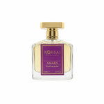 Korbaj AMARA 100ml berry floral amber perfume for women: front view of the pale golden bottle with a purple label and gold cap.