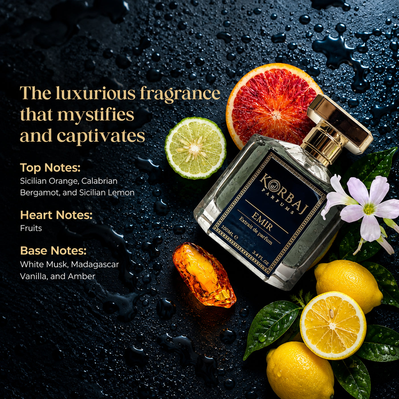 Korbaj Emir 100ml unisex citrus perfume: fragrance notes graphic with an angled bottle, citrus and white flowers on a dark background.