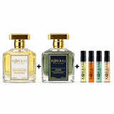 Korbaj Emir citrus perfume and Musky Signature musk perfume 100ml duo with four Original Collection Discovery samples.