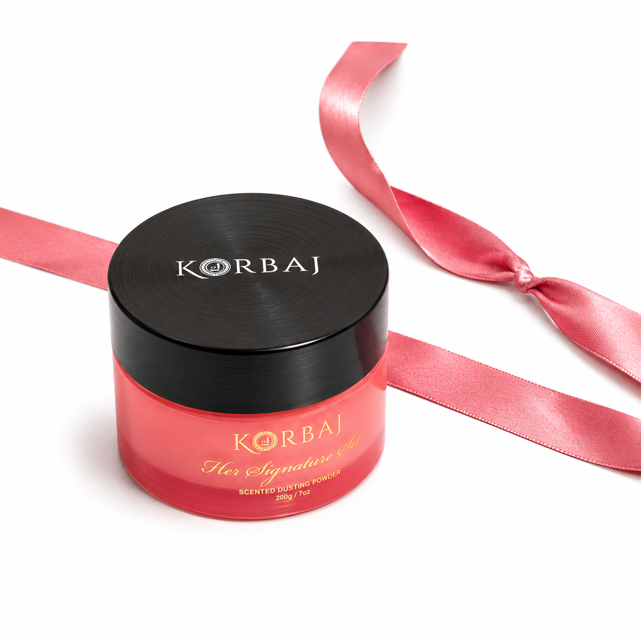 Korbaj Her Signature Set scented dusting powder 200g jar with black lid and pink ribbon