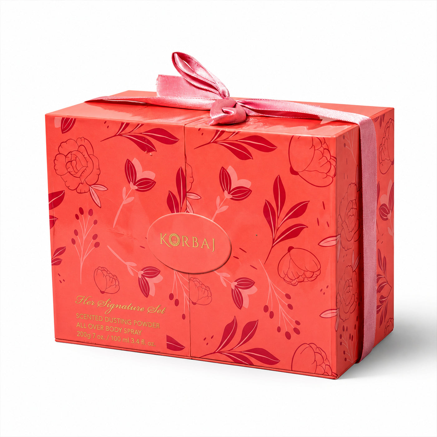 Closed coral floral gift box for Korbaj Her Signature women's scented body care set, tied with a pink satin ribbon.