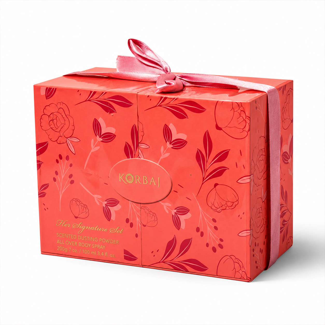 Korbaj Her Signature Set coral gift box with pink satin ribbon, scented dusting powder and all over body spray