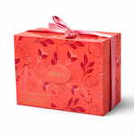 Korbaj Her Signature Set coral gift box with pink satin ribbon, scented dusting powder and all over body spray