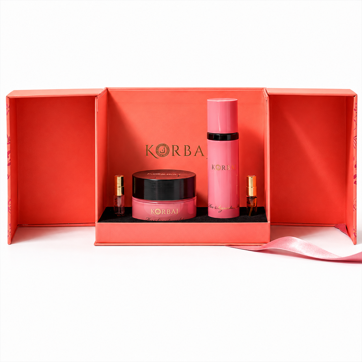 Korbaj Her Signature Set open gift box showing scented dusting powder jar and pink all over body spray