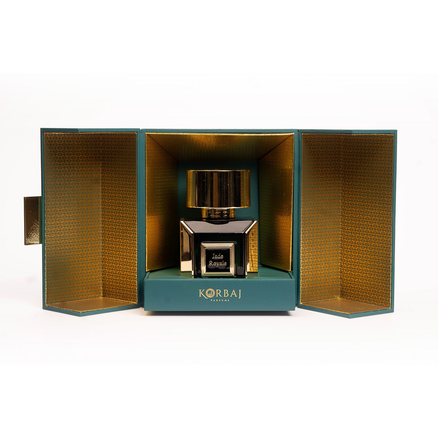Front view of Korbaj Jade Royale 100ml citrus woody perfume in a full-size emerald bottle inside an open teal and gold presentation box.