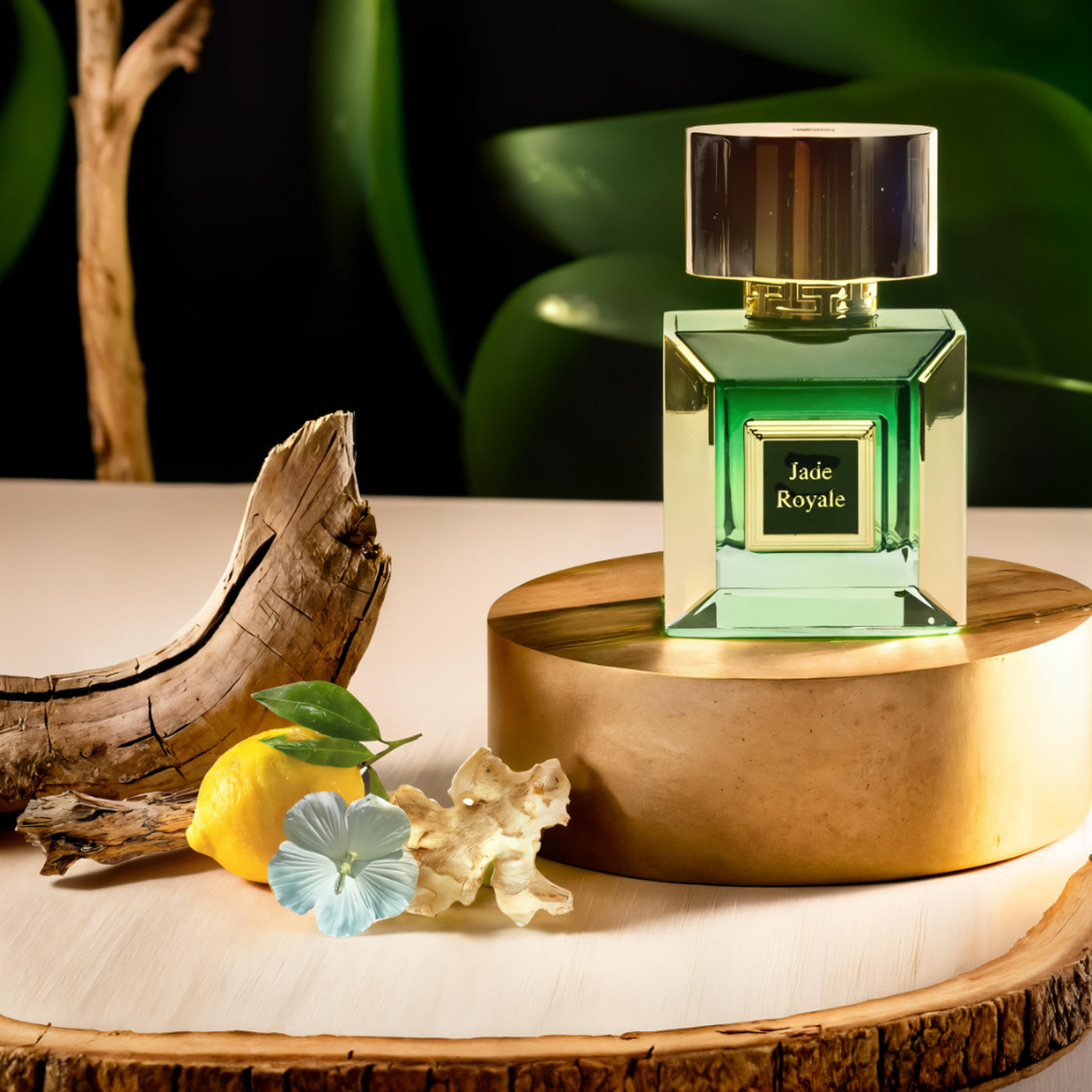 Korbaj Jade Royale 100ml unisex citrus woody perfume: bottle on a gold pedestal with citrus, wood and flowers against dark greenery.