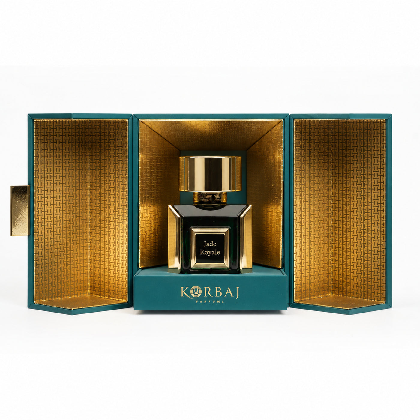 Korbaj Jade Royale 100ml unisex citrus woody perfume: bottle inside an open teal box with a gold lining.