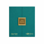 Korbaj Jade Royale 100ml unisex citrus woody perfume: front view of the closed teal presentation box on white.