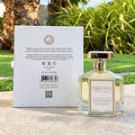 Korbaj Musky Signature 100ml unisex musk perfume: bottle beside the white box back label and barcode outdoors.