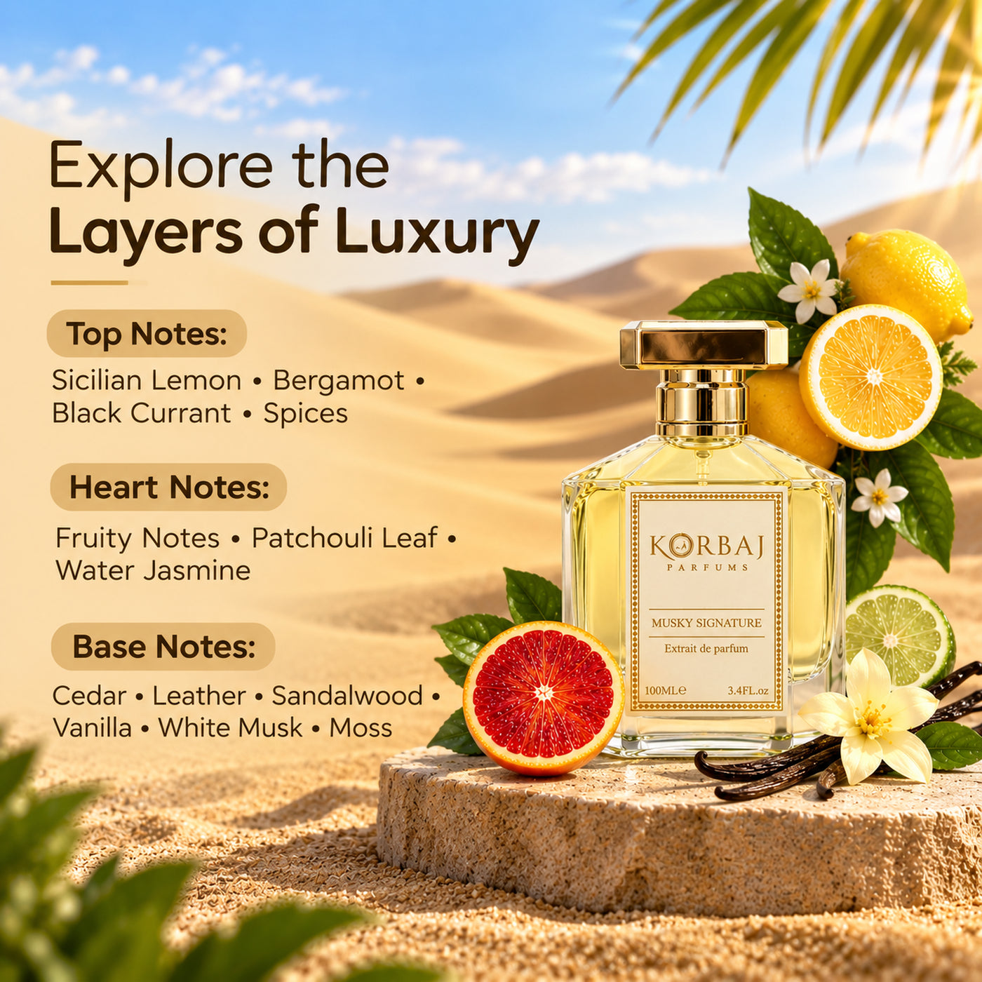 Korbaj Musky Signature 100ml unisex musk perfume: fragrance notes graphic with the bottle, citrus and flowers against desert dunes.