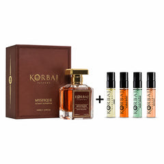 Korbaj Mystique 100ml woody aromatic perfume with its brown box and four Original Collection Discovery samples.