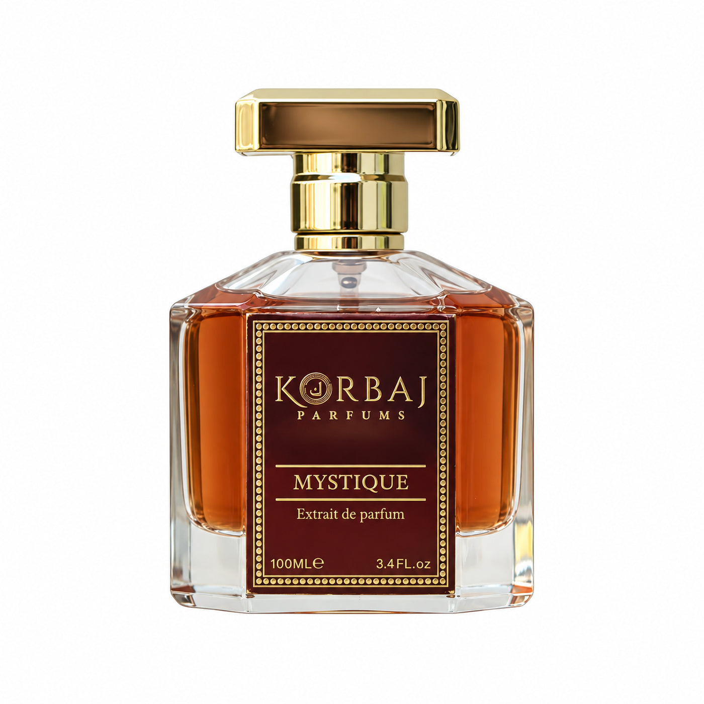 Korbaj Mystique 100ml woody aromatic perfume for men: amber bottle with a gold cap, front view on white.