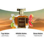 Korbaj Mystique 100ml woody aromatic perfume for men: fragrance notes graphic with the bottle, citrus and flowers in a desert setting.