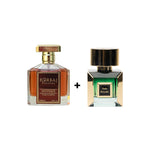 Korbaj Mystique woody aromatic perfume and Jade Royale citrus woody perfume displayed as two 100ml bottles on white.