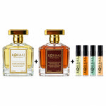 Korbaj Mystique woody aromatic perfume and Musky Signature musk perfume 100ml duo with four Discovery fragrance samples.