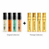 Korbaj Original and Prestige Collections Discovery set perfume samples: eight sprays combining four black-capped and four gold vials.
