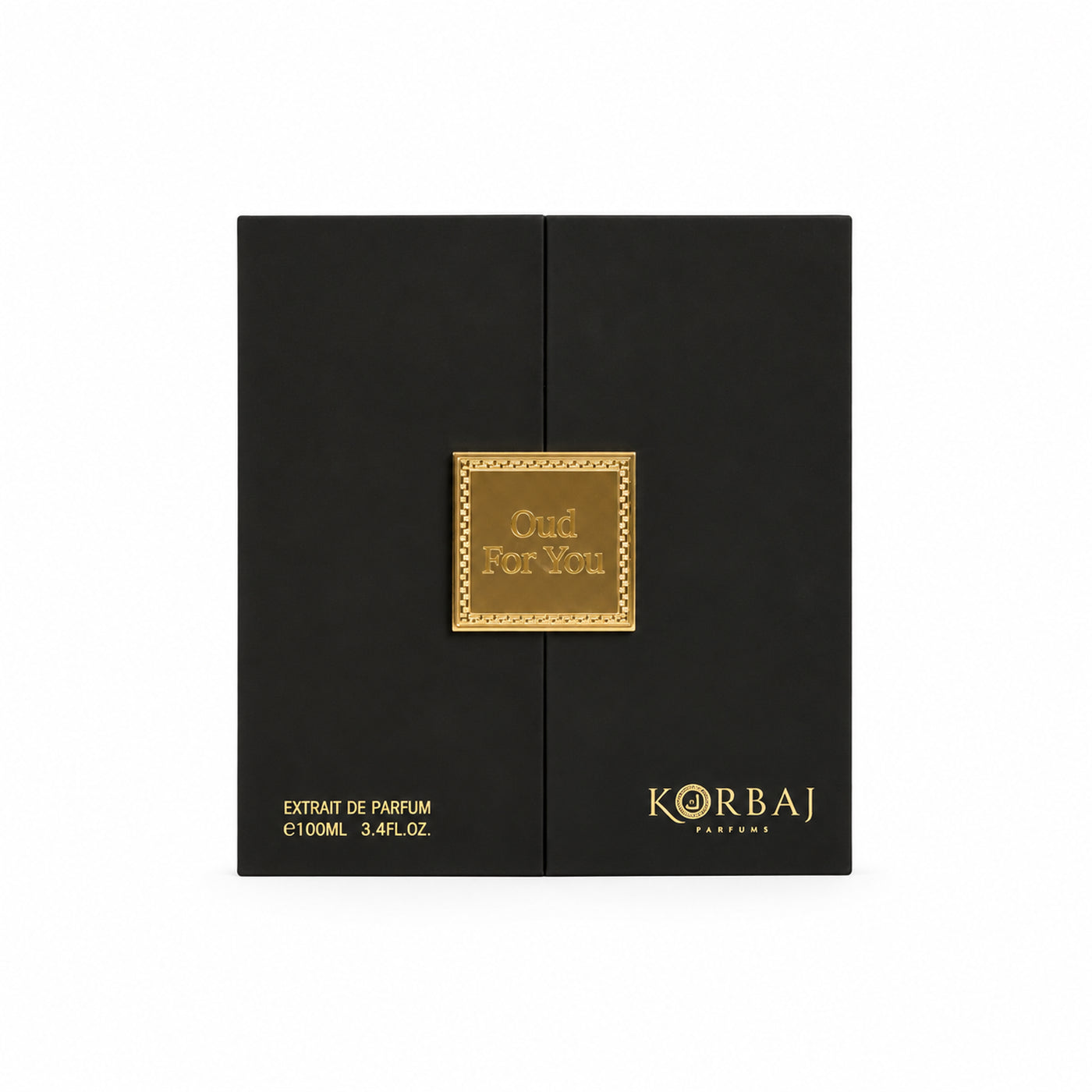 Korbaj Oud For You 100ml unisex Arabian oud perfume: front view of the black presentation box with gold lettering.