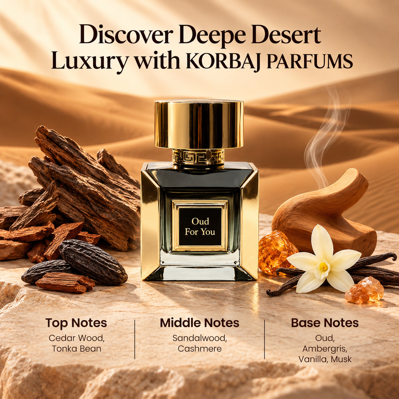 Korbaj Oud For You 100ml unisex Arabian oud perfume: fragrance notes graphic with the bottle, woods and vanilla against desert dunes.