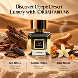 Korbaj Oud For You 100ml unisex Arabian oud perfume: fragrance notes graphic with the bottle, woods and vanilla against desert dunes.