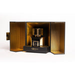 Korbaj Oud For You 100ml unisex Arabian oud perfume: angled view of the bottle inside its open gold-lined black presentation box.