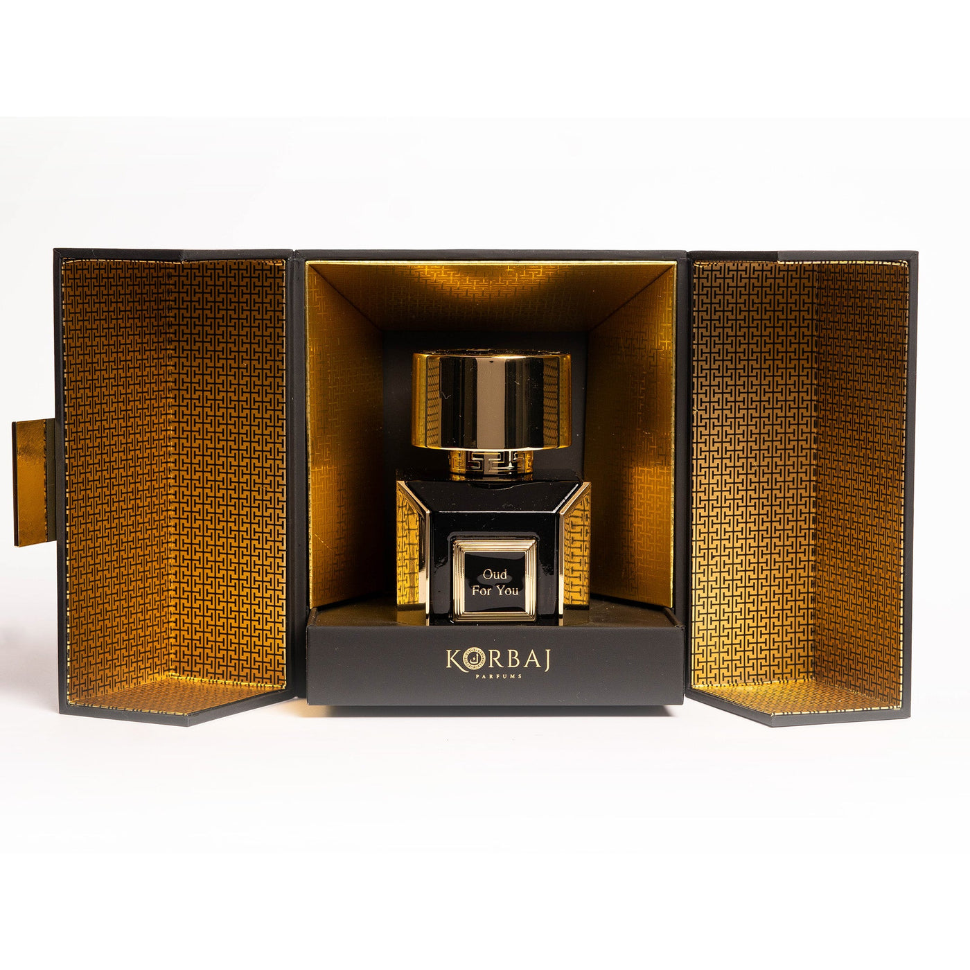 Korbaj Oud For You 100ml unisex Arabian oud perfume: front view of the bottle inside its open gold-lined presentation box.