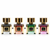 Korbaj Prestige perfume collection with four 100ml bottles: Oud For You, Scarlet Amber, Jade Royale and Rose Sands.
